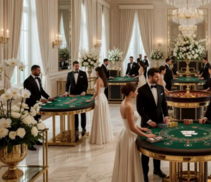Cinematiczne ujęcie luksusowego eventu casino z eleganckimi stołami do gry i gośćmi