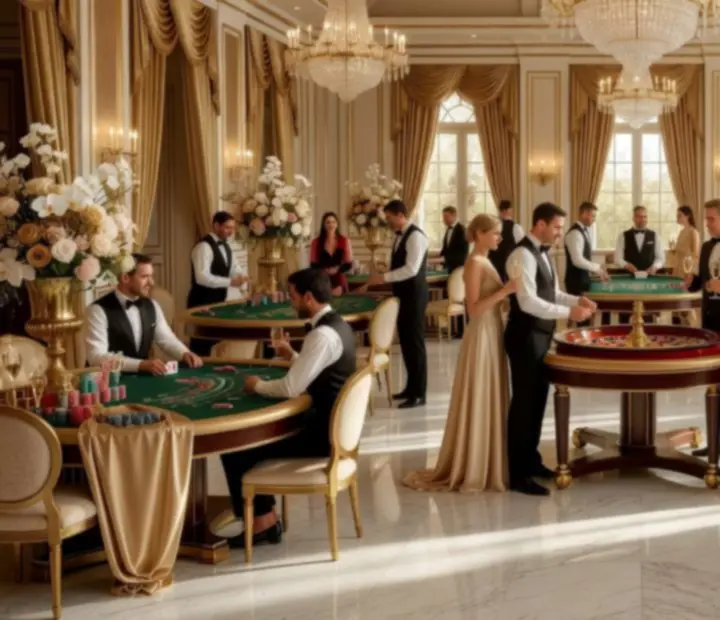 Luksusowo zaaranżowany ballroom w stylu wieczoru casino z oświetlonymi stołami do gier