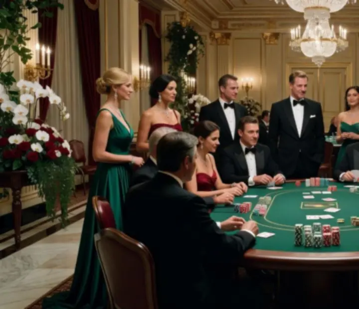 Stylowa sala eventowa w klimacie Casino Royale z eleganckim stołem do pokera i strefami VIP