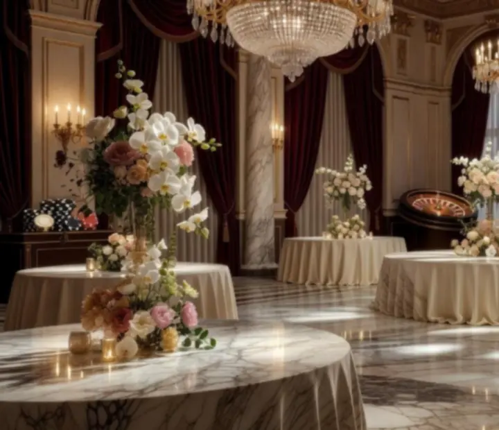 Detale dekoracji eventu kasynowego – kryształowe dekoracje, eleganckie tekstylia i kwiaty