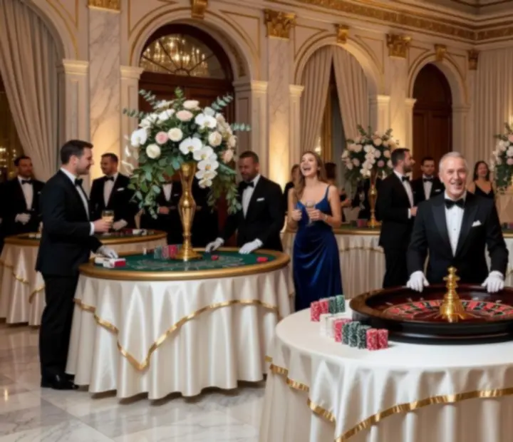Stylizowany wieczór Monte Carlo z elegancką scenografią, stołami do gier i złoto-kremową aranżacją