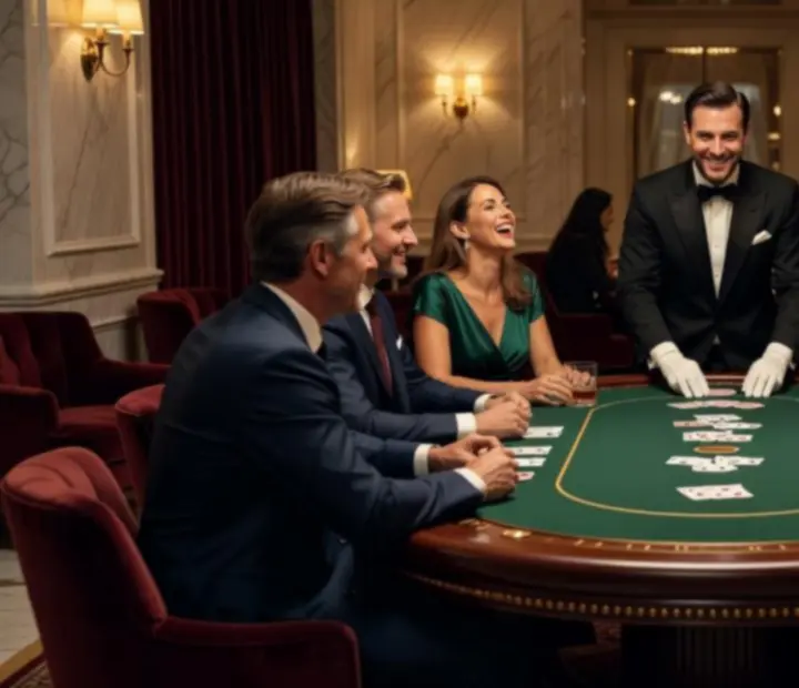 Grupa gości biorących udział w interaktywnym wieczorze pokerowym z charyzmatycznym krupierem