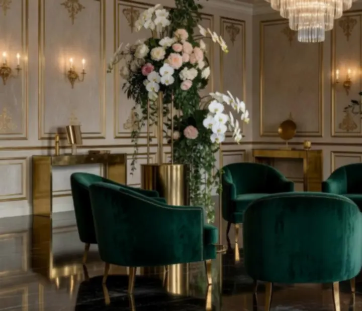 Luksusowa aranżacja sali eventowej z eleganckim oświetleniem i dekoracjami