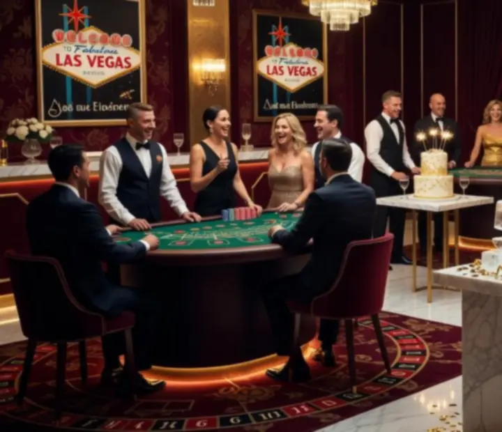 Urodzinowa scena w stylu Las Vegas z neonami i stołami do gier jako atrakcją rozrywkową