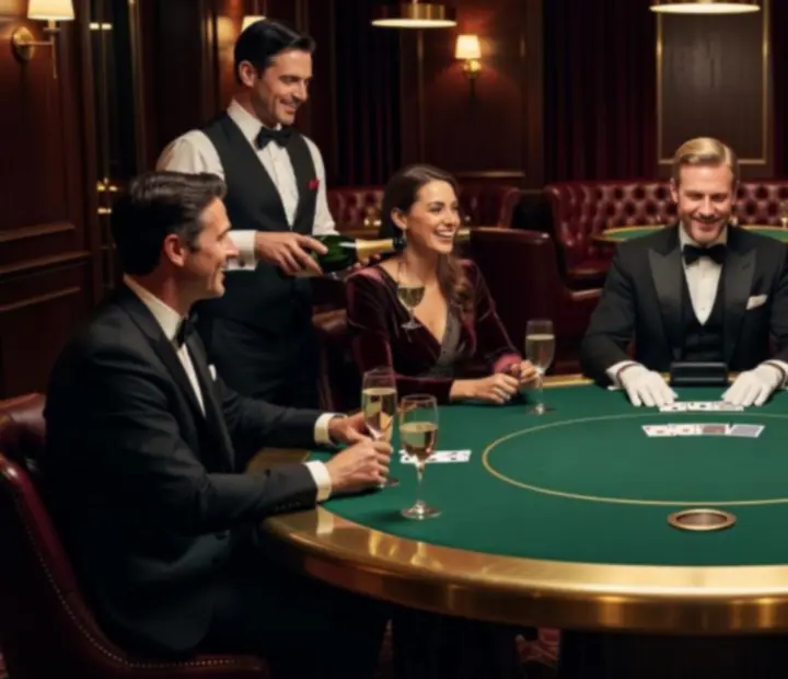 Kameralny wieczór pokerowy VIP z elegancko oświetlonym stołem i gośćmi w garniturach